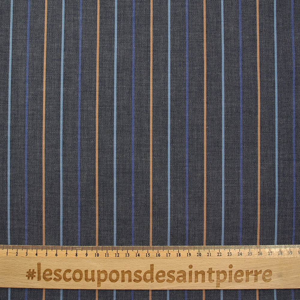 Coton fantaisie rayé bleu et camel fond bleu nuit - Image 3