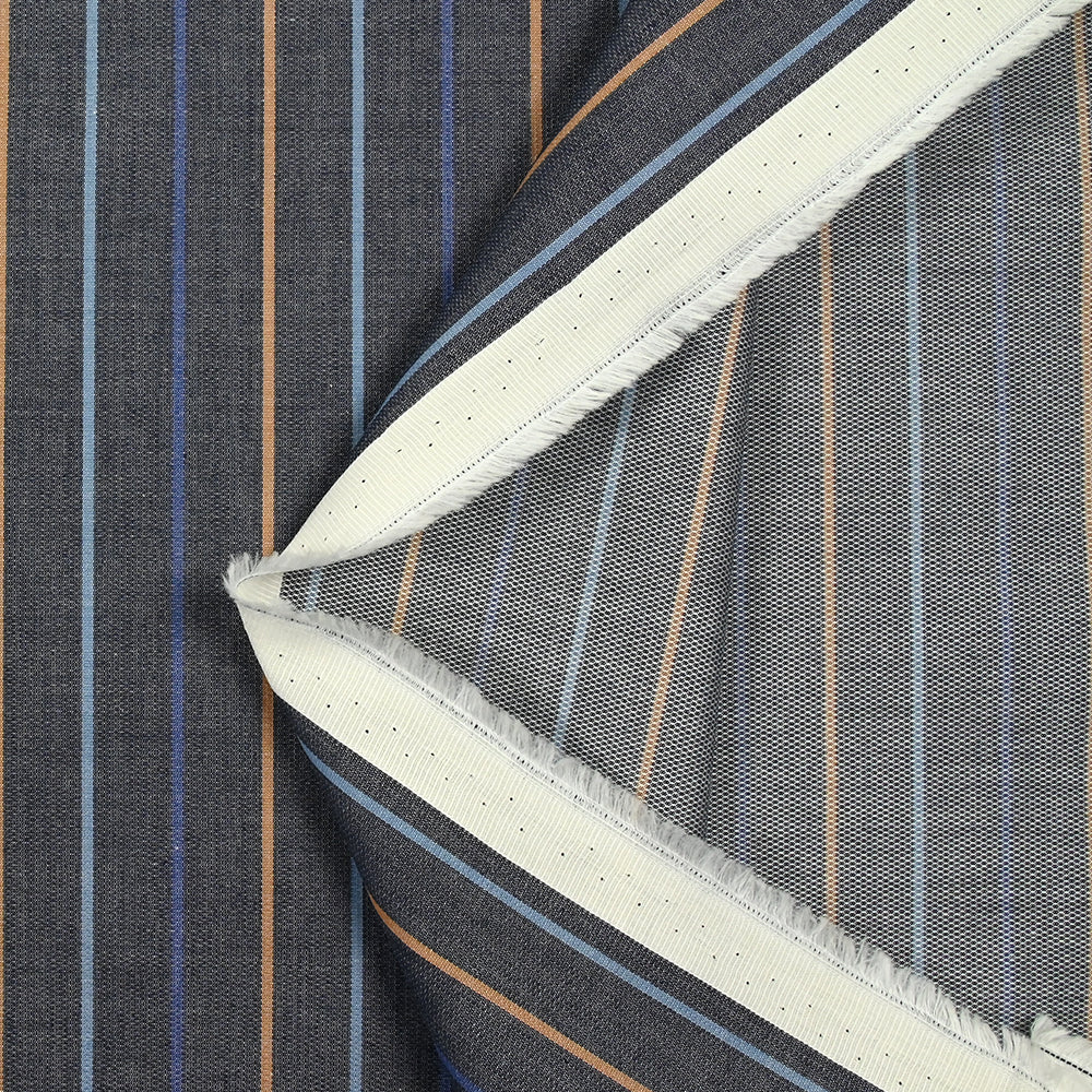 Coton fantaisie rayé bleu et camel fond bleu nuit - Image 5