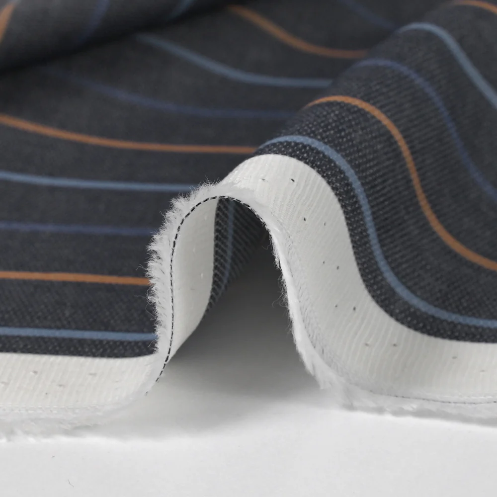 Coton fantaisie rayé bleu et camel fond bleu nuit - Image 6