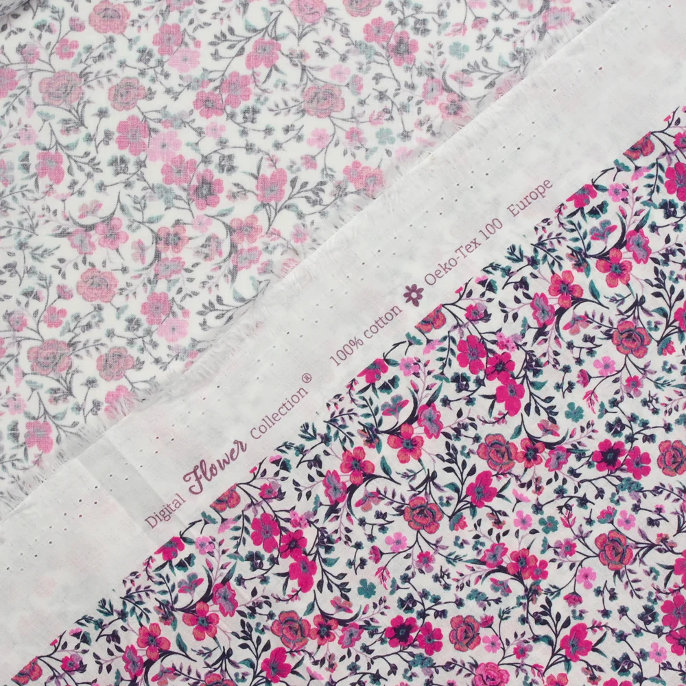 Coton imprimé Anna fleurs rose et fuchsia fond blanc au mètre - Image 4