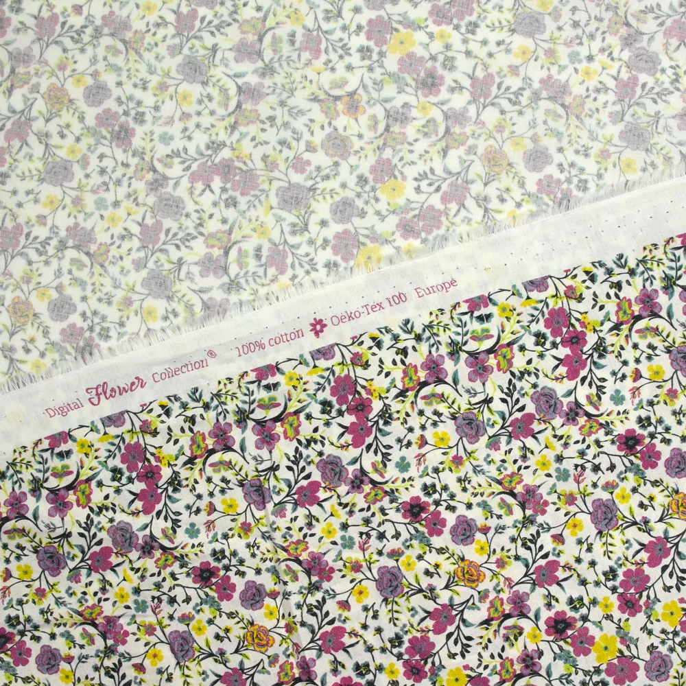 Coton imprimé Anna fleurs violet et jaune fond blanc au mètre - Image 4