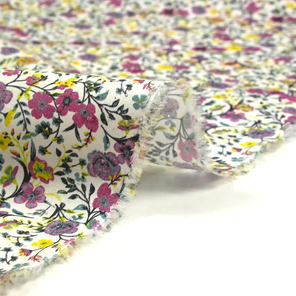 Coton imprimé Anna fleurs violet et jaune fond blanc au mètre - Image 6