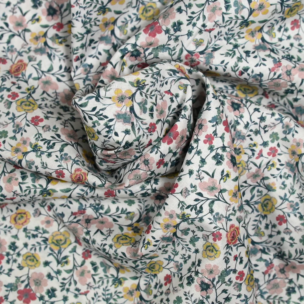 Coton imprimé Aurora fleurs rose et jaune fond blanc au mètre - Image 3