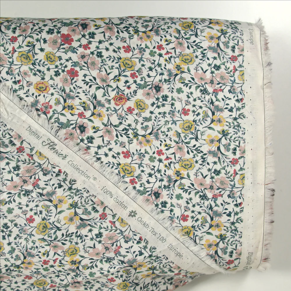Coton imprimé Aurora fleurs rose et jaune fond blanc au mètre - Image 5