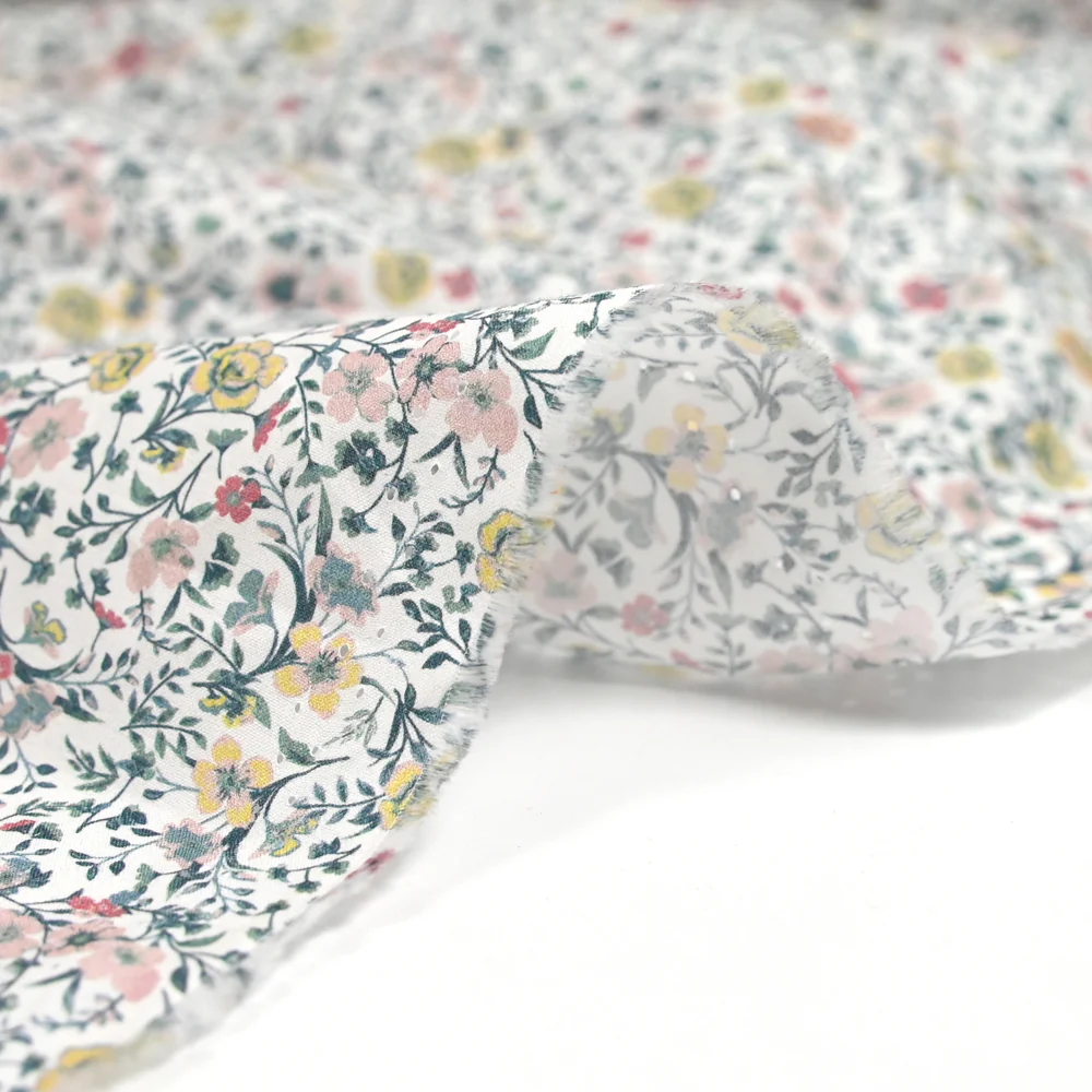 Coton imprimé Aurora fleurs rose et jaune fond blanc au mètre - Image 6
