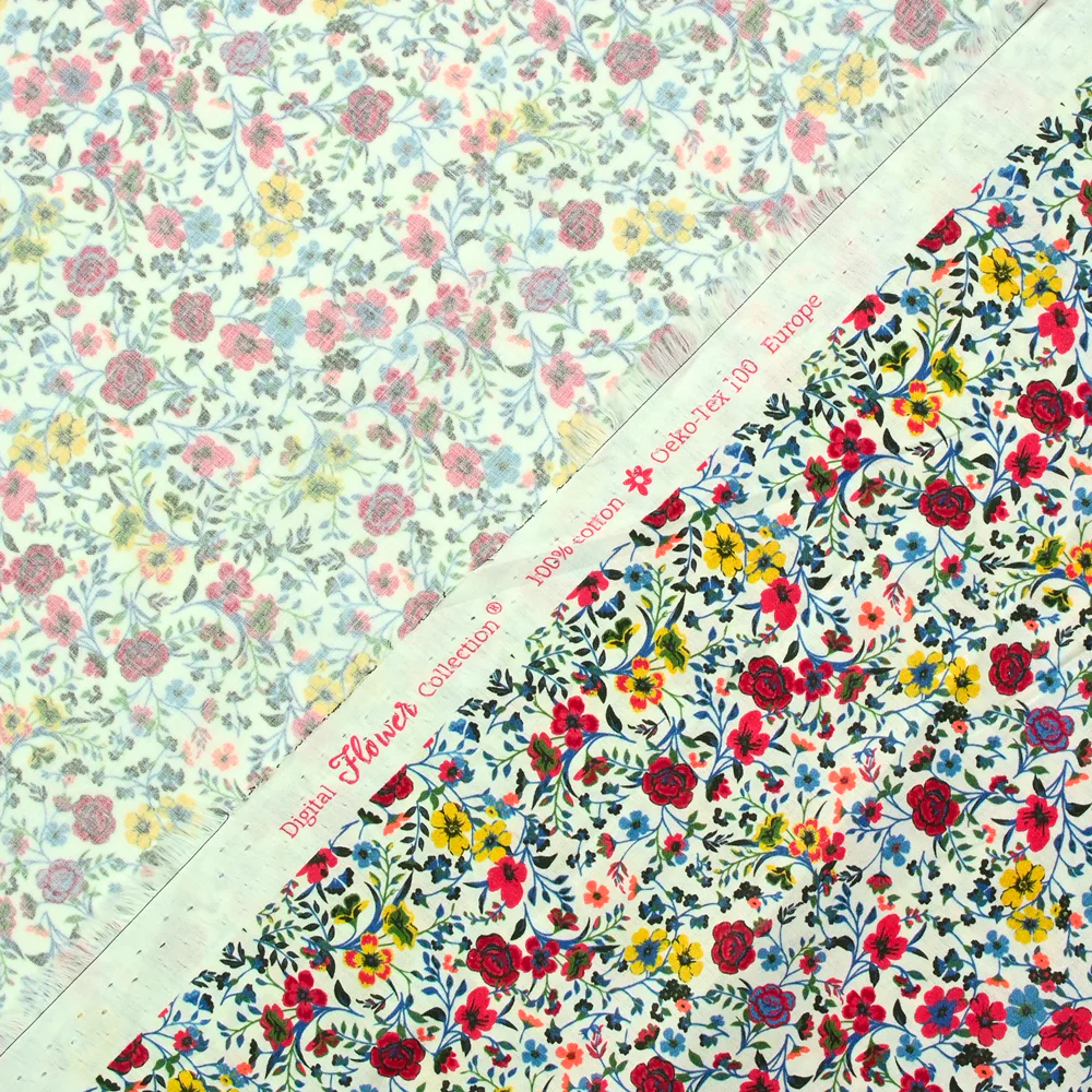 Coton imprimé Aurora fleurs rouge et jaune fond blanc au mètre - Image 5