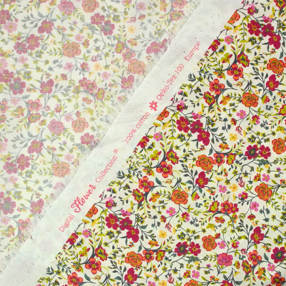 Coton imprimé Greta fleurs fuchsia et orange fond blanc au mètre - Image 5