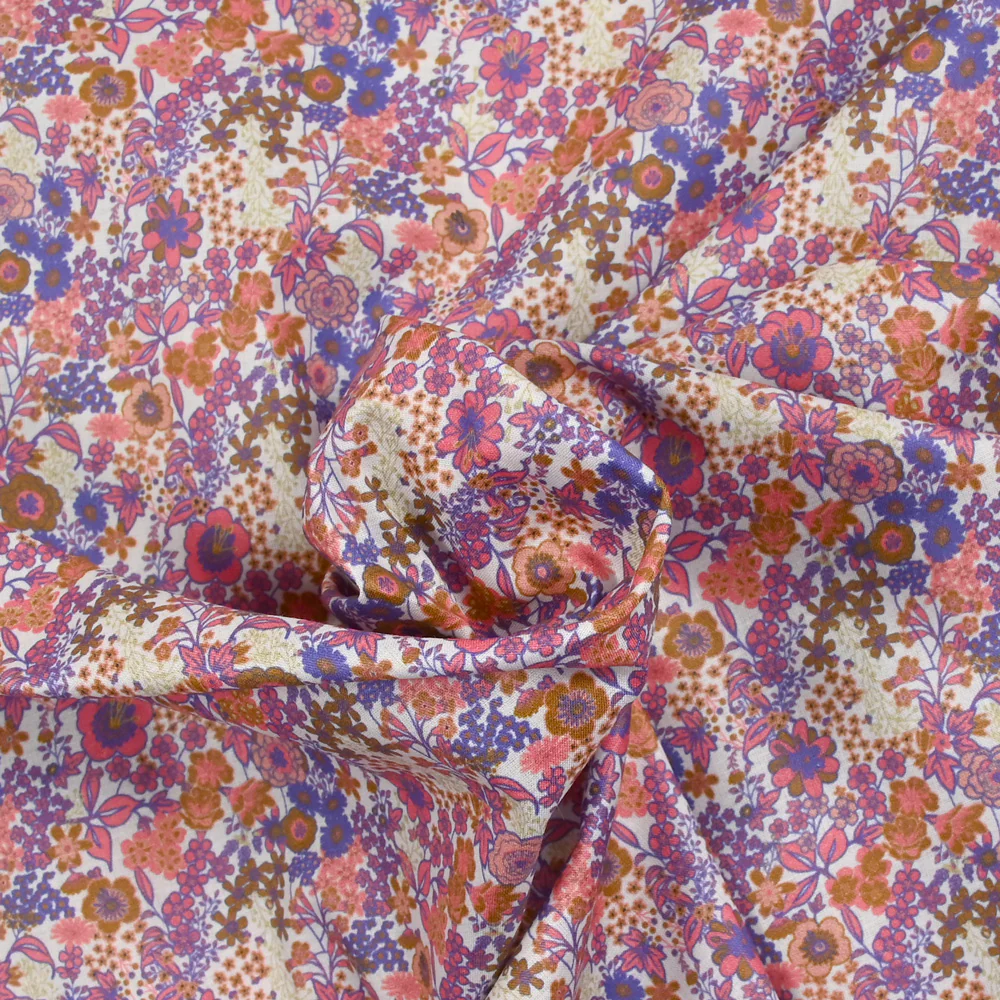 Coton imprimé Matilde fleurs corail et lavande au mètre - Image 3