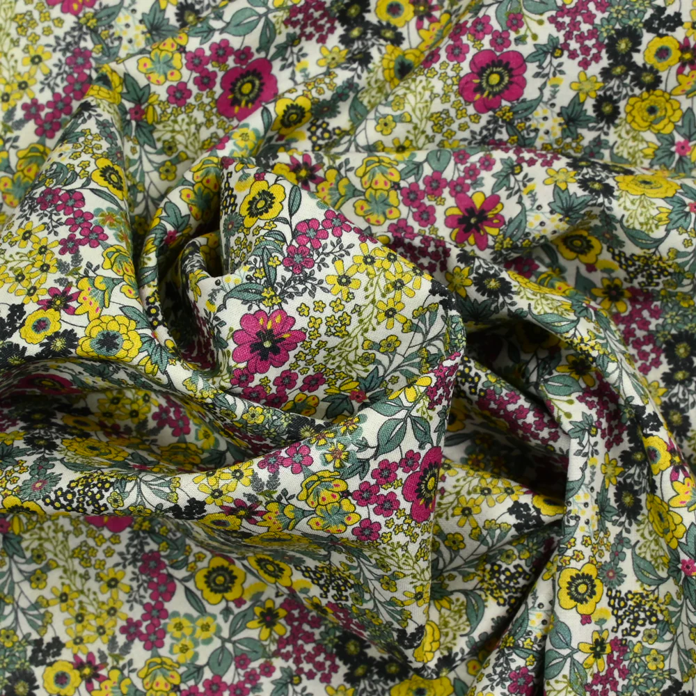 Coton imprimé Matilde fleurs fuchsia et jaune au mètre - Image 3