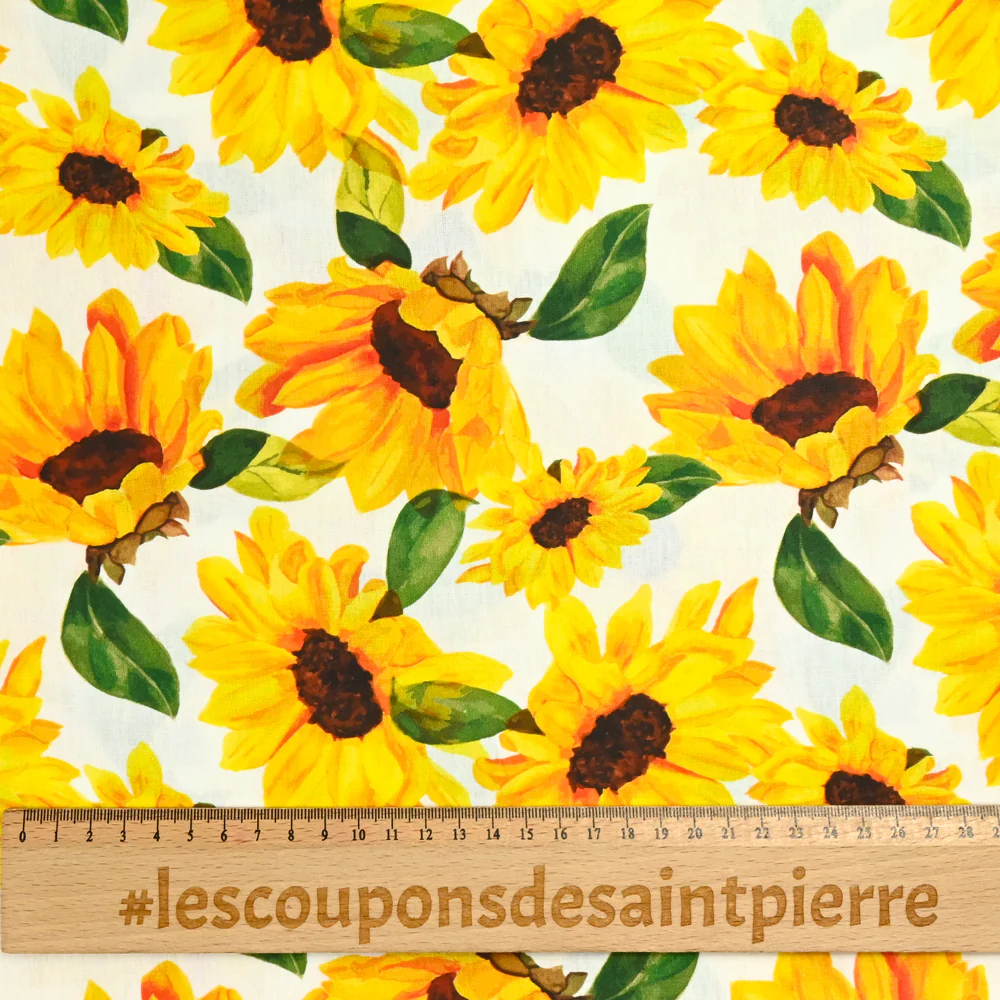 Coton imprimé tournesol jaune fond blanc - Image 3