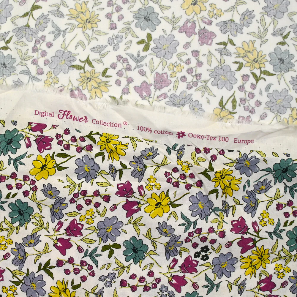 Coton imprimé Vittoria fleurs gris et miel vintage fond écru au mètre - Image 5