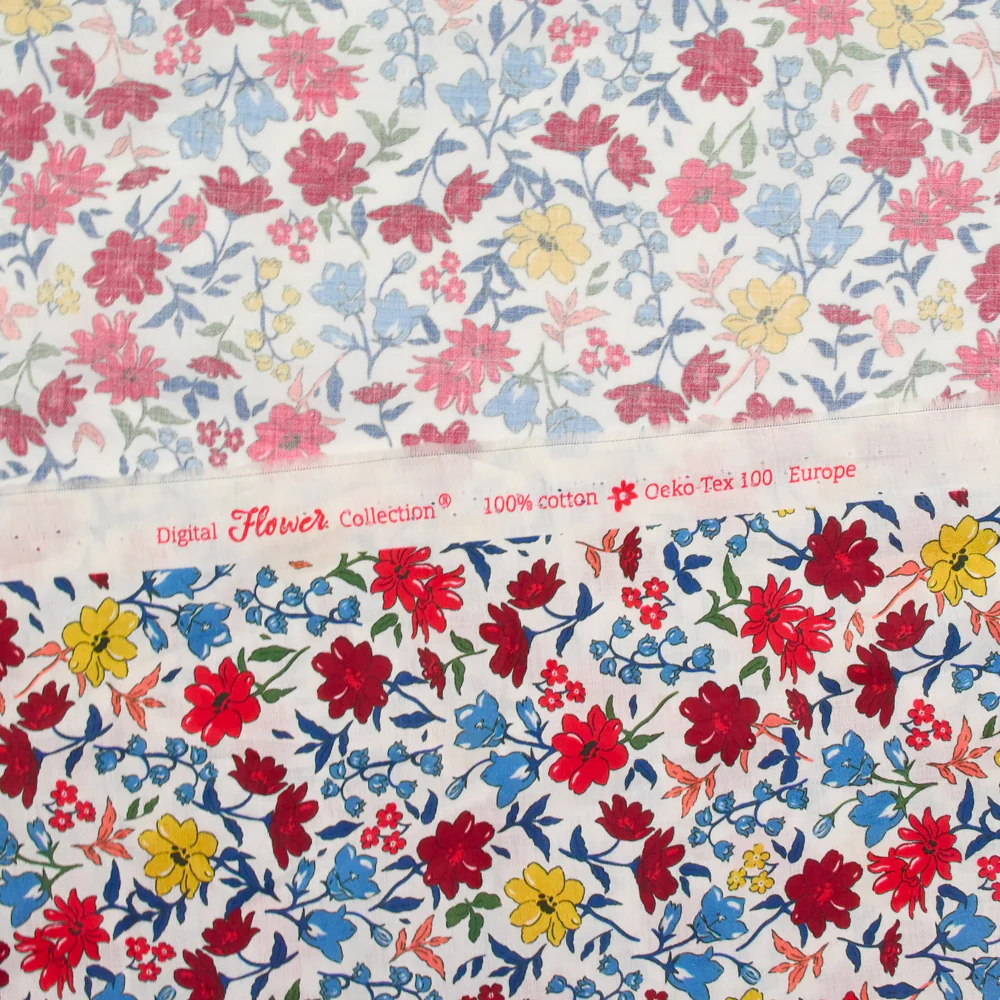 Coton imprimé Vittoria fleurs rouge et jaune vintage fond blanc cassé au mètre - Image 4