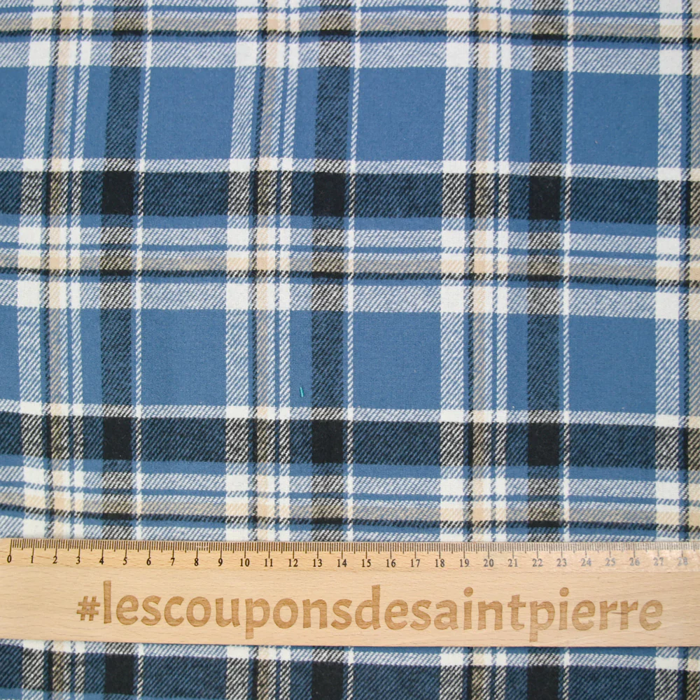 Flanelle de coton à carreaux Léon bleu acier et beige - Image 3