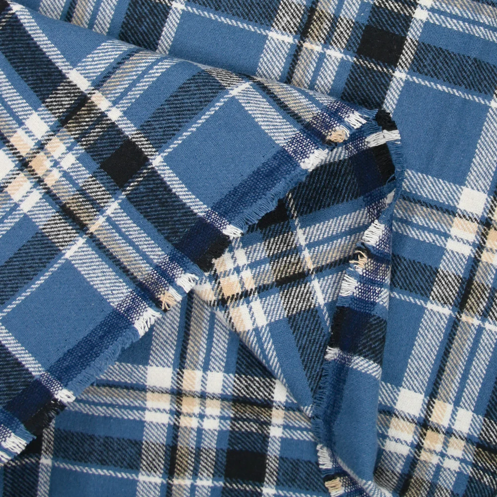 Flanelle de coton à carreaux Léon bleu acier et beige - Image 4