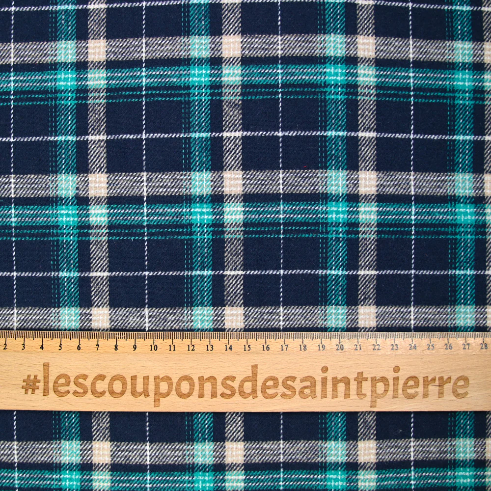 Flanelle de coton à carreaux Sam turquoise et bleu marine - Image 3
