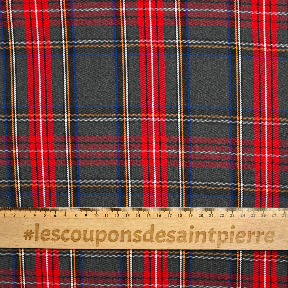 Gabardine polyviscose tissé teint à carreaux fond gris - Image 3