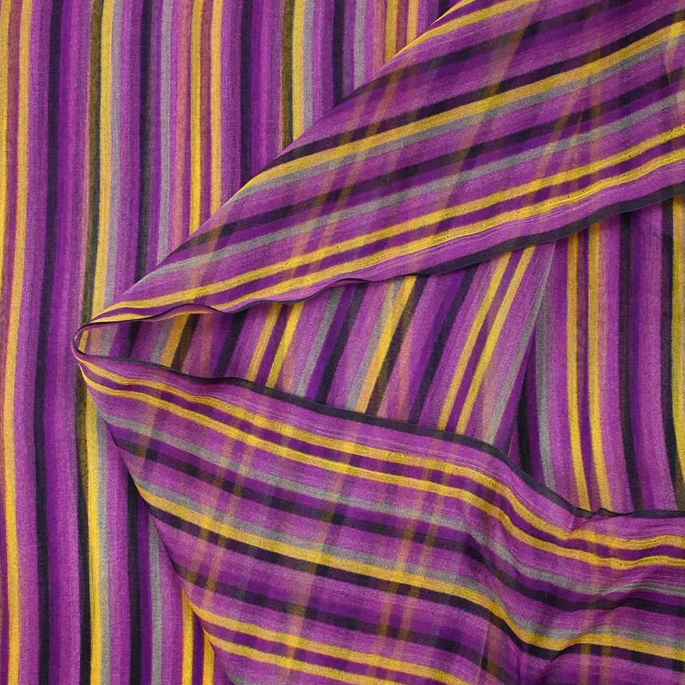 Mousseline crinkle 100% soie imprimée rayure violet et jaune - Image 5