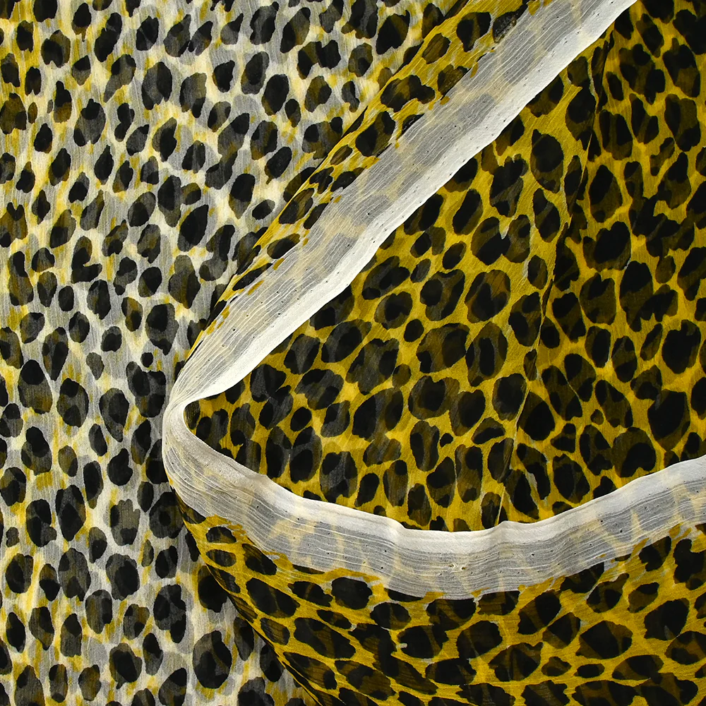 Mousseline crinkle 100% soie imprimée sauvage fond jaune et blanc - Image 5