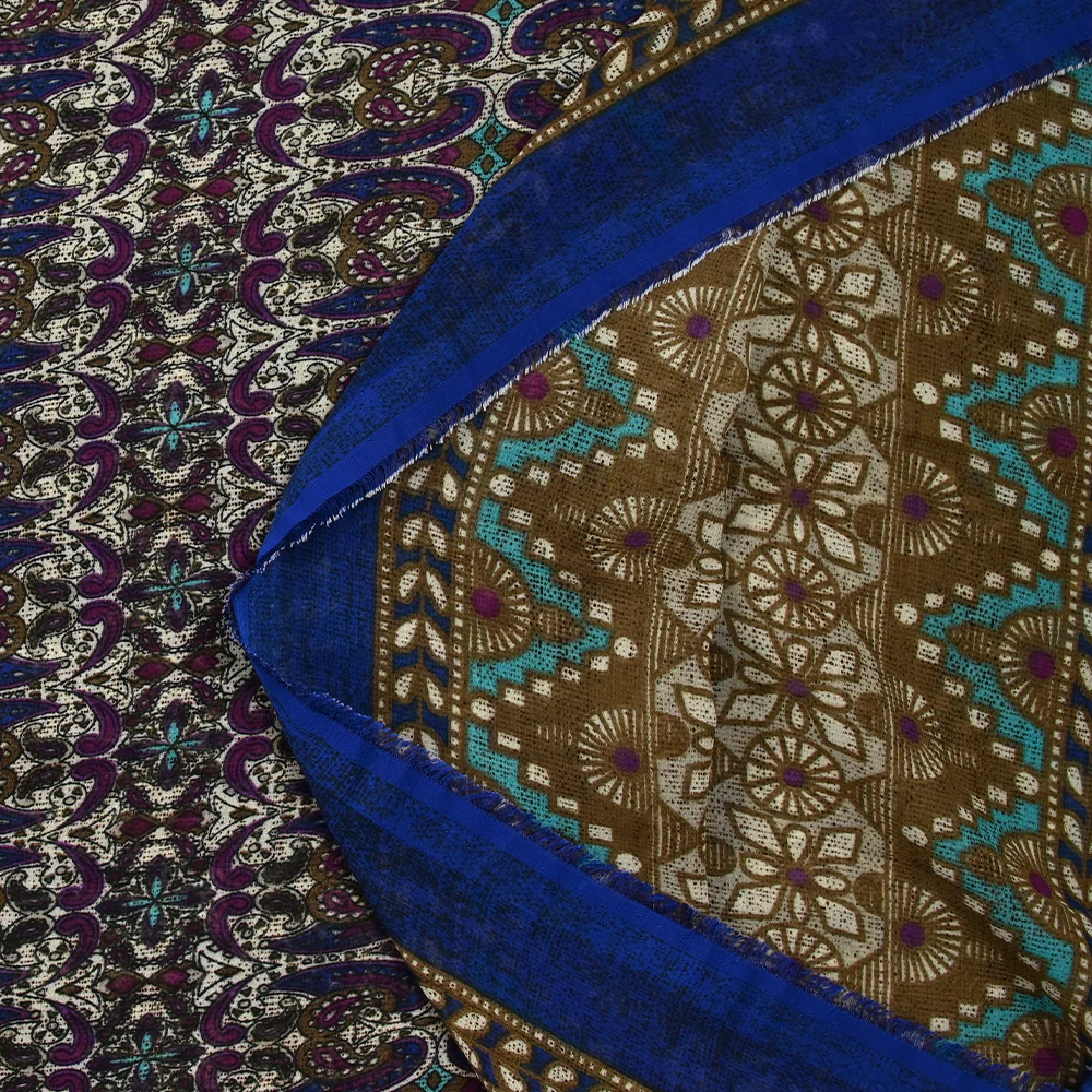 Mousseline imprimée Calli indigo et turquoise fond écru - Image 6