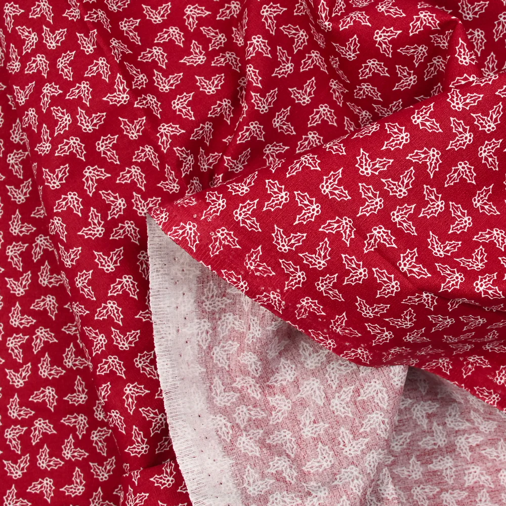 Popeline de coton imprimée houx fond lie de vin - Image 4