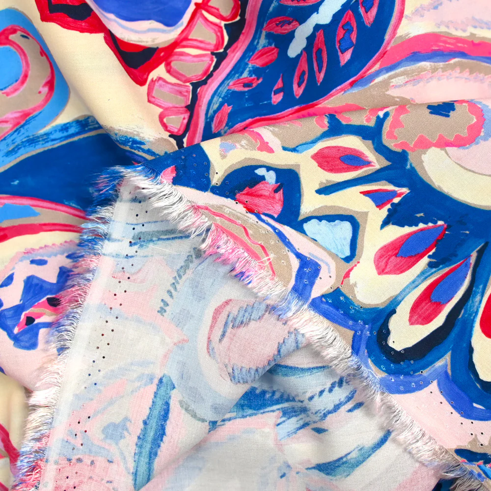 Viscose imprimée campagne bleu et fuchsia - Image 4