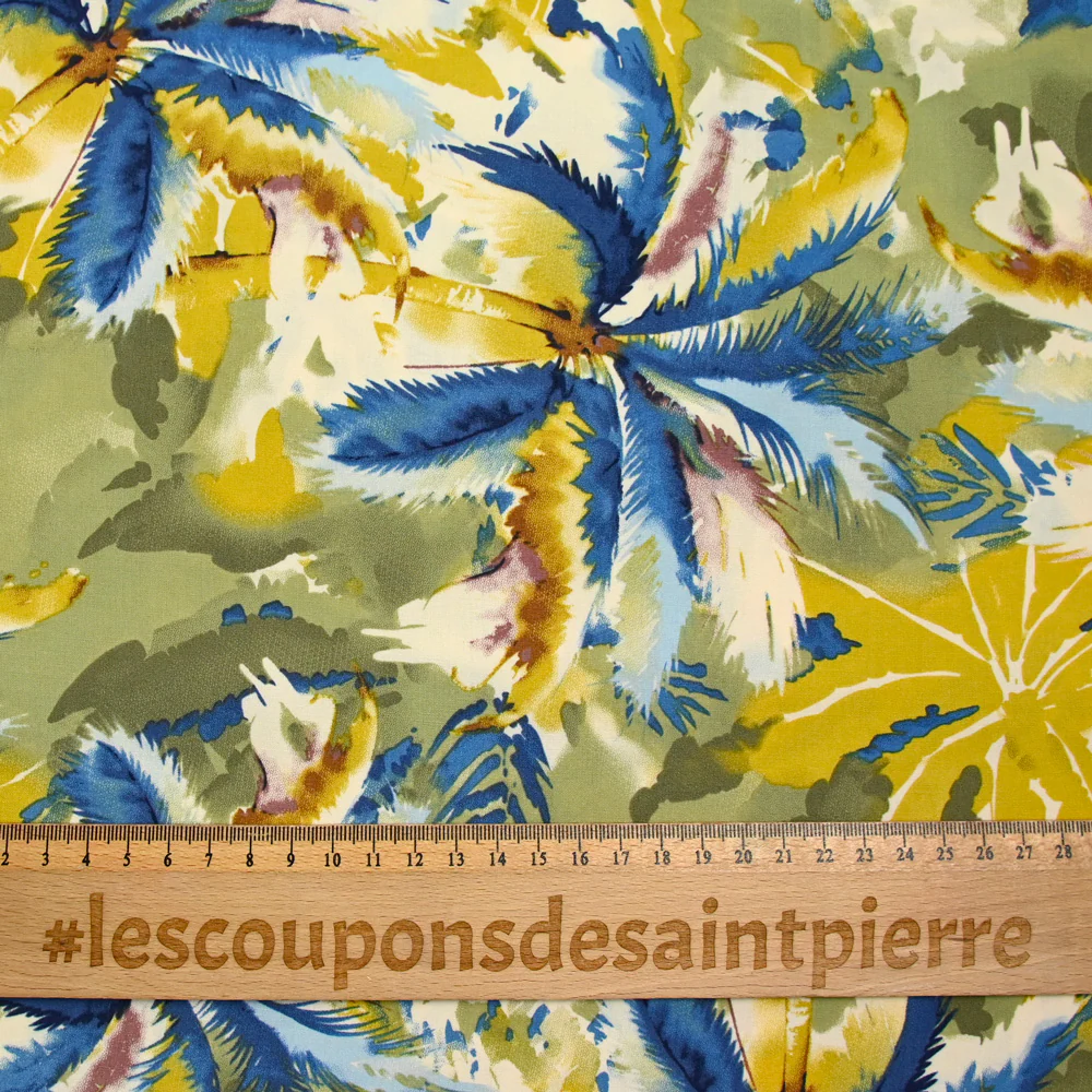 Viscose imprimée Miami bleu fond kaki - Image 3