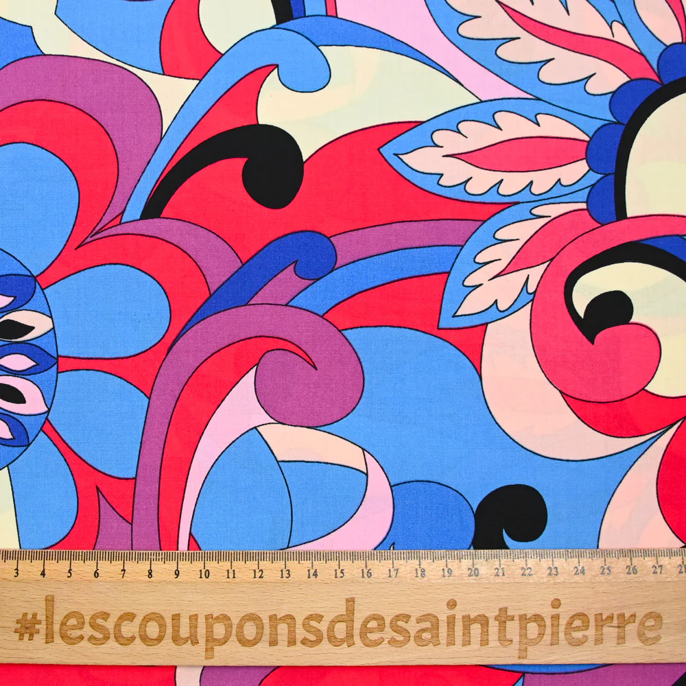 Viscose imprimée vague bleu et rouge - Image 3